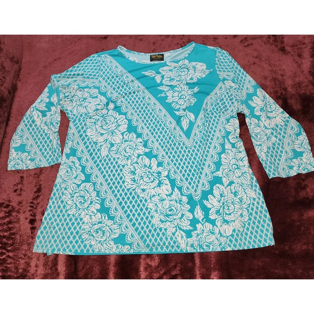 Bob Mackie Women's Wearable Art Size 2X Turquoise & White Long Sleeve Tunic